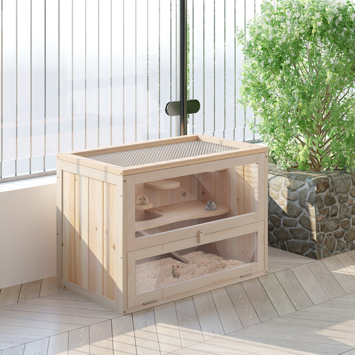 Wooden Hamster Cage Mouse Mice Rodent Small Animals Hutch Exercise Play House 60 x 35 x 42cm, Natural Wood Finish