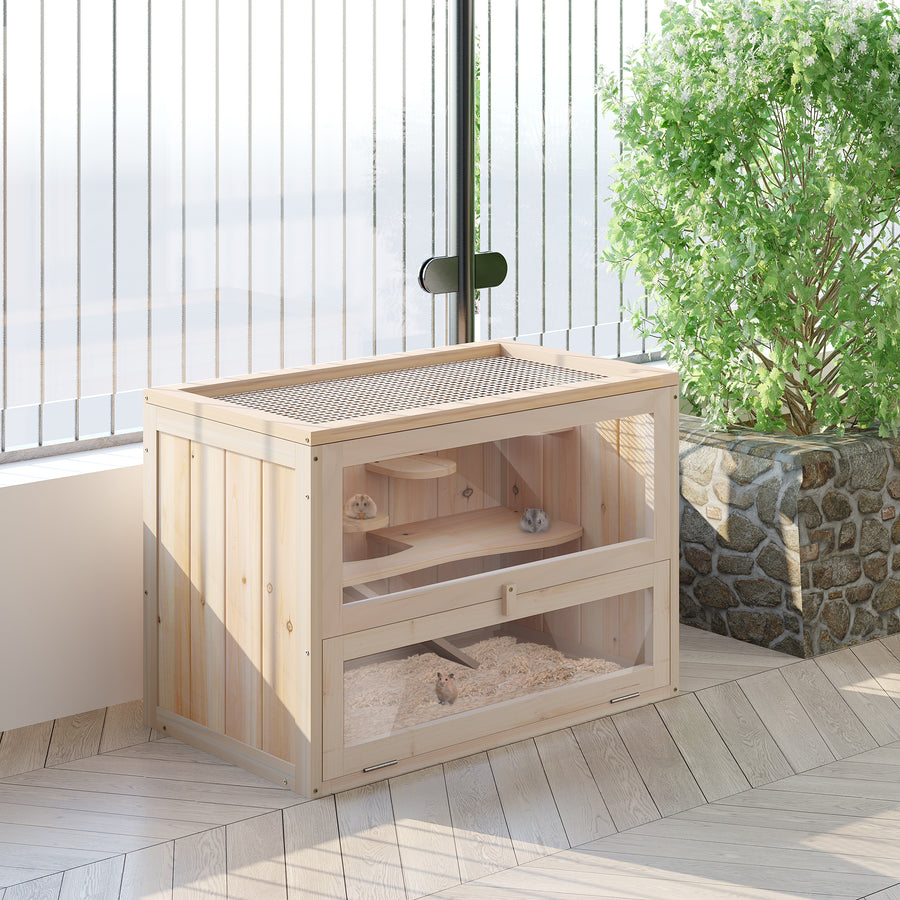 Wooden Hamster Cage Mouse Mice Rodent Small Animals Hutch Exercise Play House 60 x 35 x 42cm, Natural Wood Finish