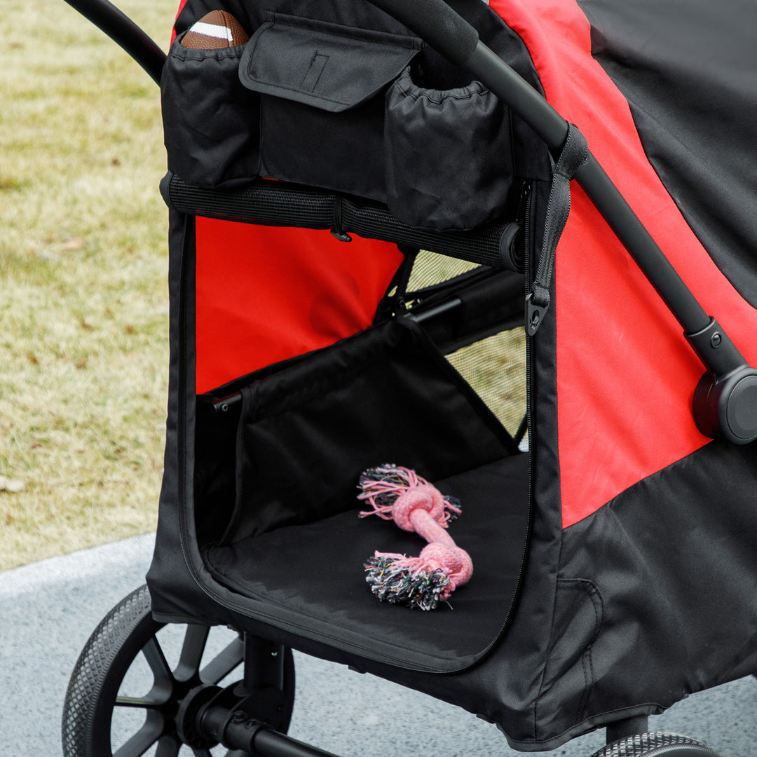 PawHut Foldable Pet Stroller for Large Dogs with Four Big Wheels, Shock-Absorbing Frame, Safety Leashes, Brakes, Red/Black