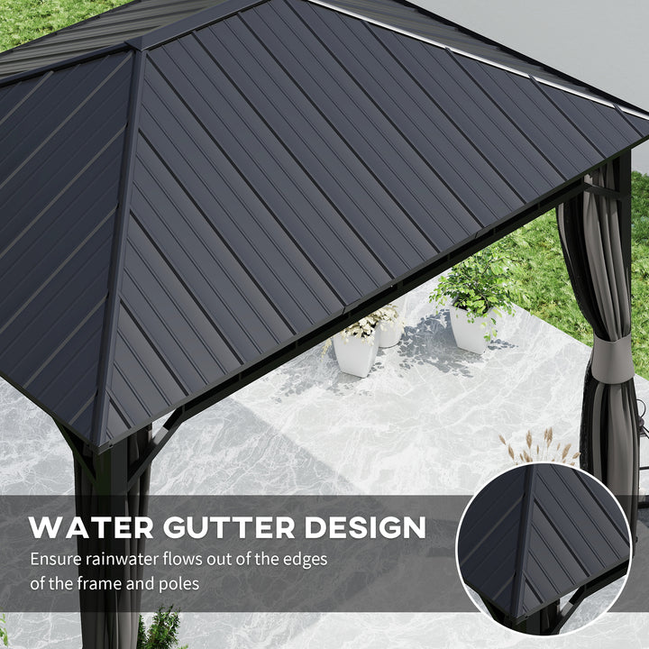 3 x 4m Hardtop Gazebo with Galvanised Steel Roof and Water Gutter, Waterproof Permanent Pavilion Garden Gazebo with Netting and Curtains for Patio, Deck