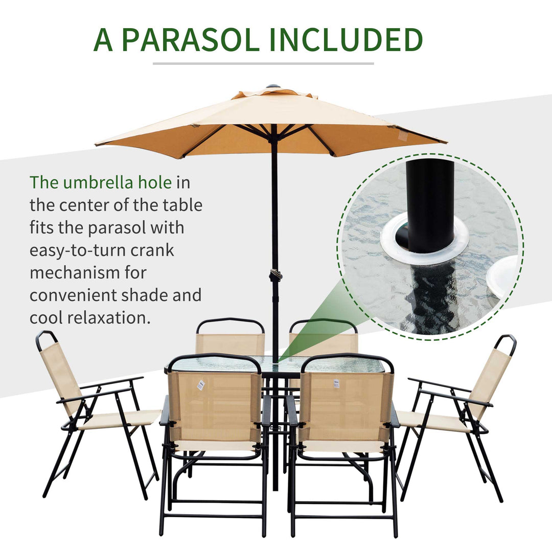 Outsunny 8 Pieces Dining Set Furniture Garden Foldable 6 Chairs 1 Table with Parasol Beige