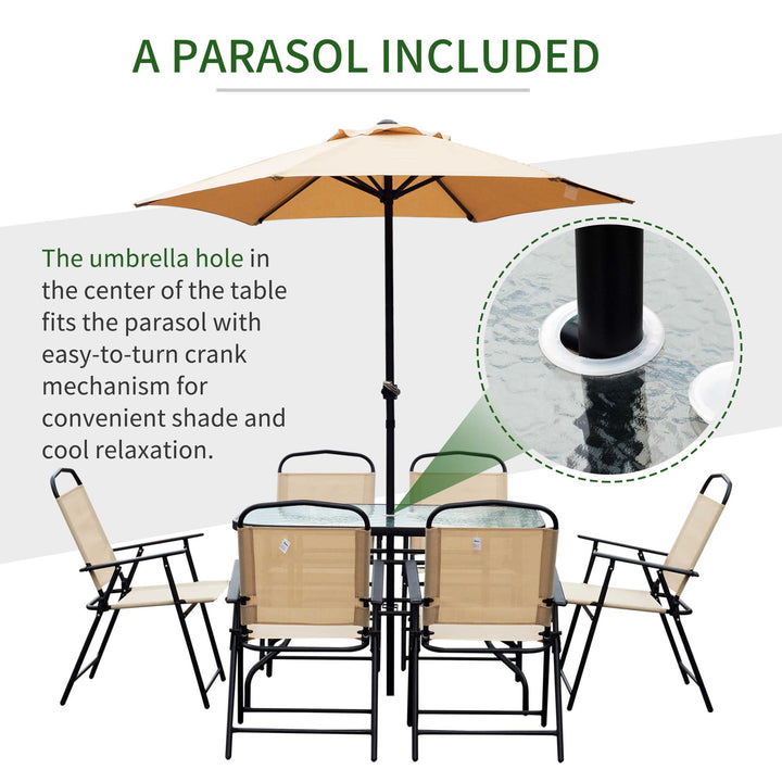 Outsunny 8 Pieces Dining Set Furniture Garden Foldable 6 Chairs 1 Table with Parasol Beige