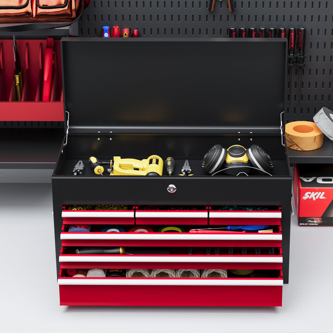 HOMCOM 6 Drawer Tool Chest, Lockable Metal Tool Box with Top Case, Ball Bearing Runners, Portable Toolbox, 600mm x 260mm x 340mm, Red | Aosom UK