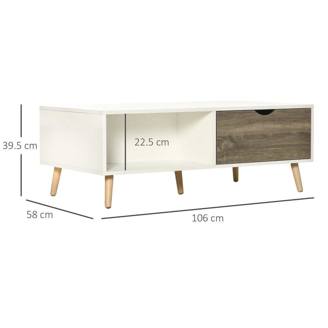 HOMCOM Coffee Table, Modern Tea Table with Open Storage Shelves, Two Drawers and Solid Wood Legs, Coffee Tables for Living Room, White | Aosom UK