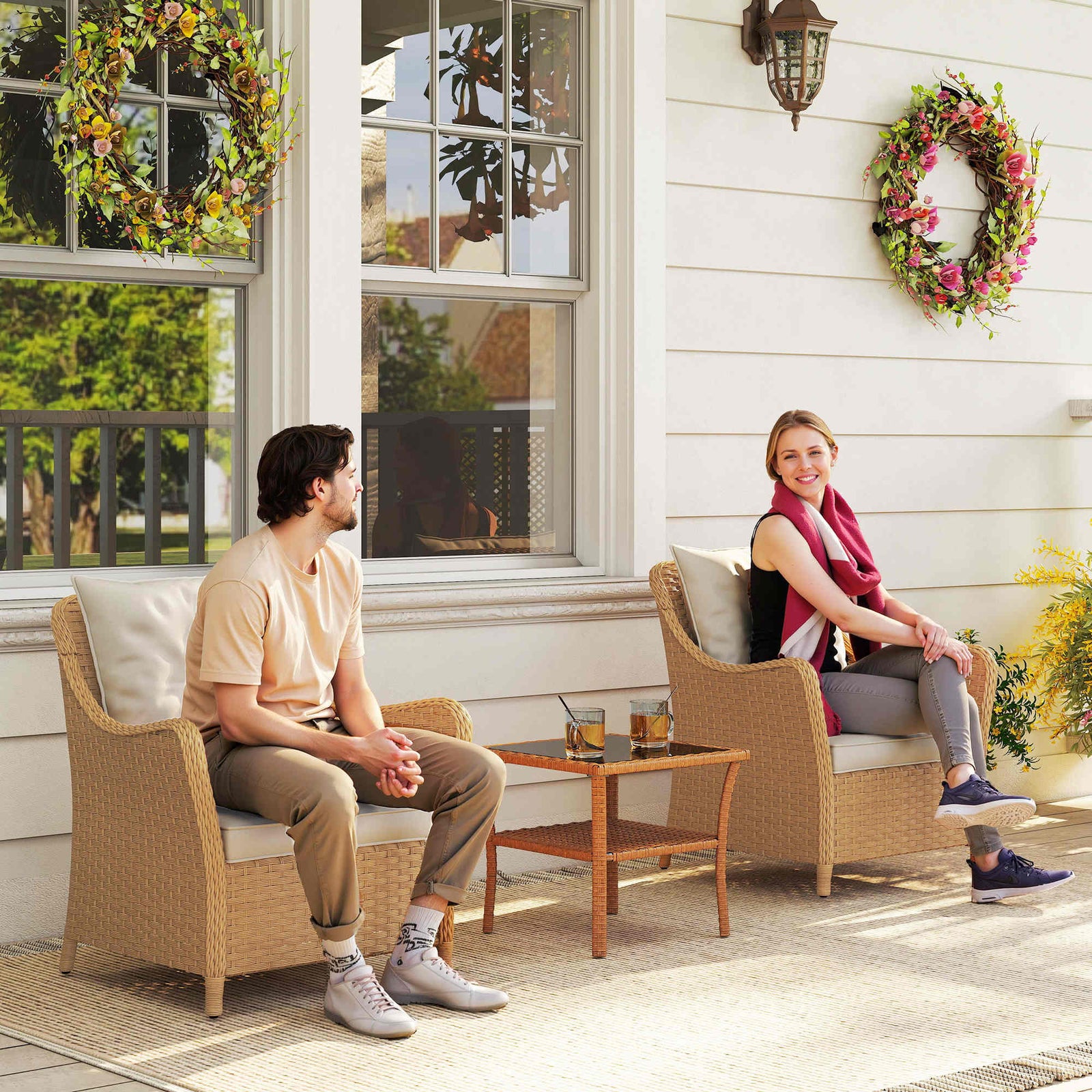 Rattan Garden Chairs Set of 2, Outdoor Rattan Chairs with Cushions, Armrests and High Back, PE Wicker Garden Armchair with Steel Frame for Balcony, Porch, Beige