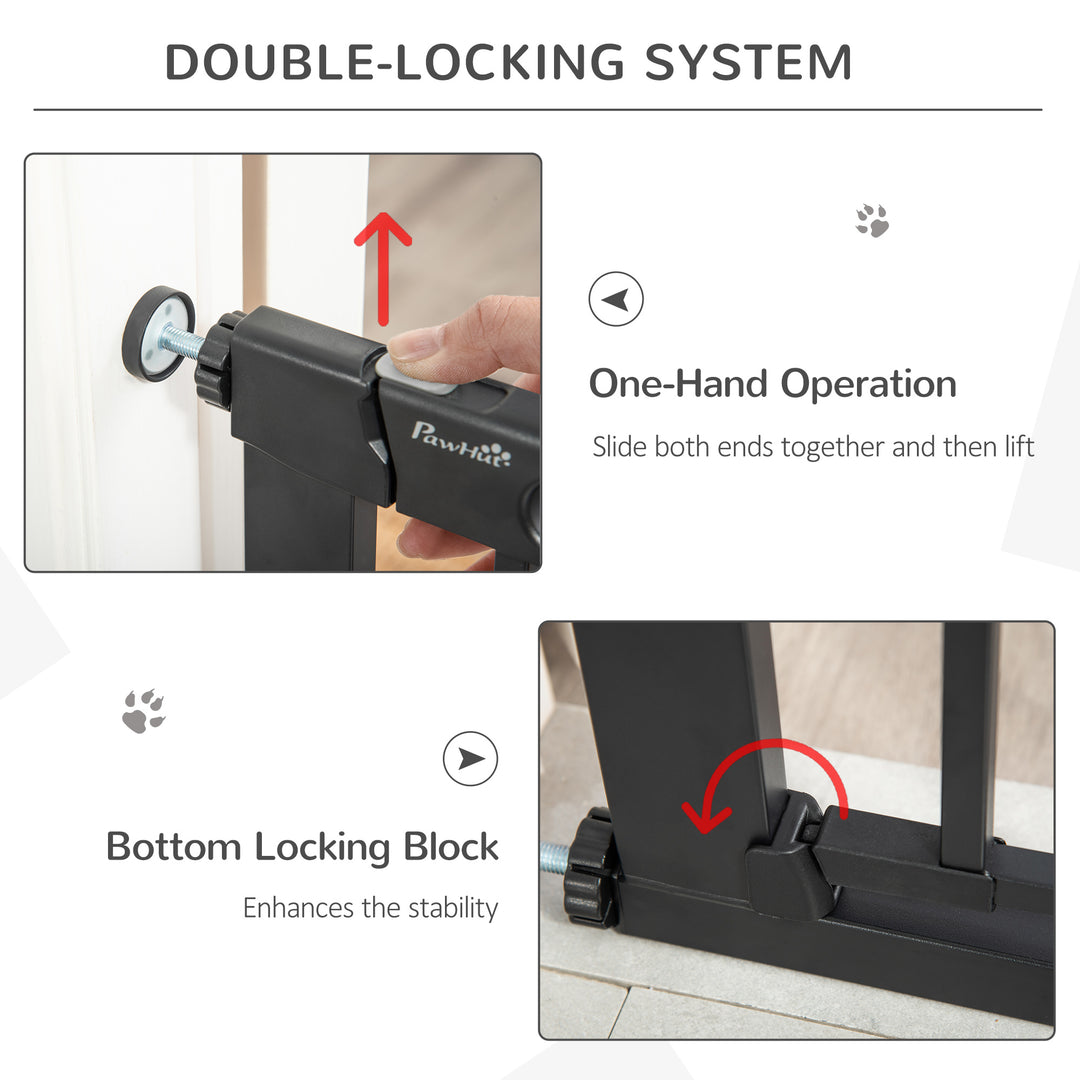 PawHut 75-82 cm Pet Safety Gate Barrier, Stair Pressure Fit, w/ Small Door, Auto Close, Double Locking, for Doorways, Hallways, Black | Aosom UK