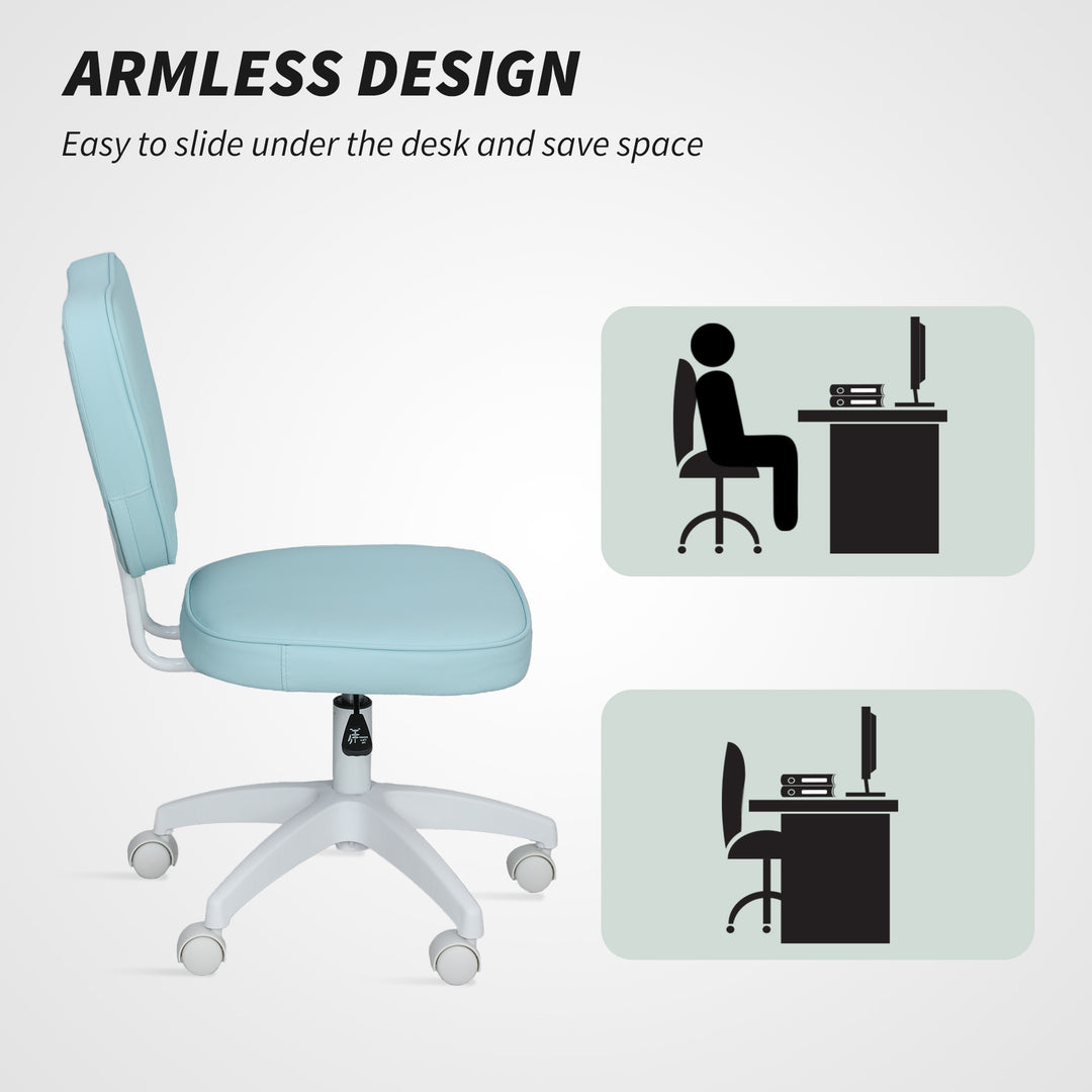 Vanity Office Chair, PU Leather Computer Chair for Home, with Adjustable Height, Armless, Swivel Wheels, Blue