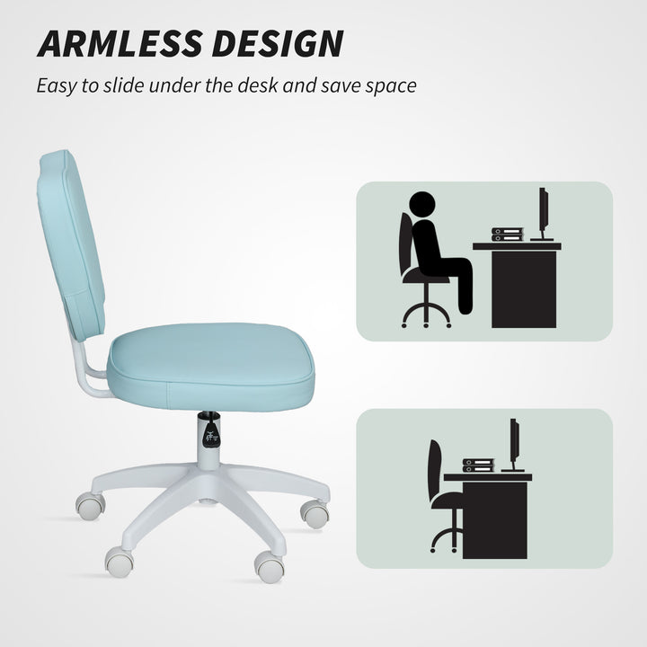 Vanity Office Chair, PU Leather Computer Chair for Home, with Adjustable Height, Armless, Swivel Wheels, Blue