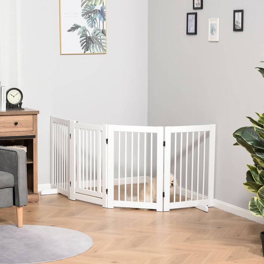 Freestanding Pet Gate 4 Panels Wooden Dog Safety Fence Foldable with Support Feet for Doorway Stairs 91cm Tall White