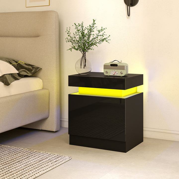 Black Bedside Table with LED Light, High Gloss Front Nightstand with 2