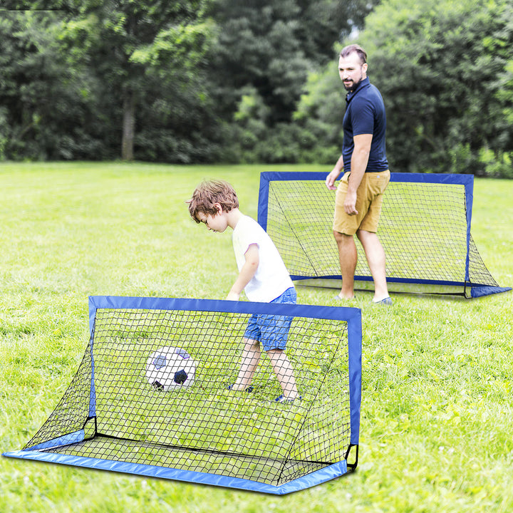 HOMCOM Set of 2 Football Goal Net 6 x 3 ft Foldable Outdoor Sport Training Teens Adults Soccer with Carrying Bag Blue