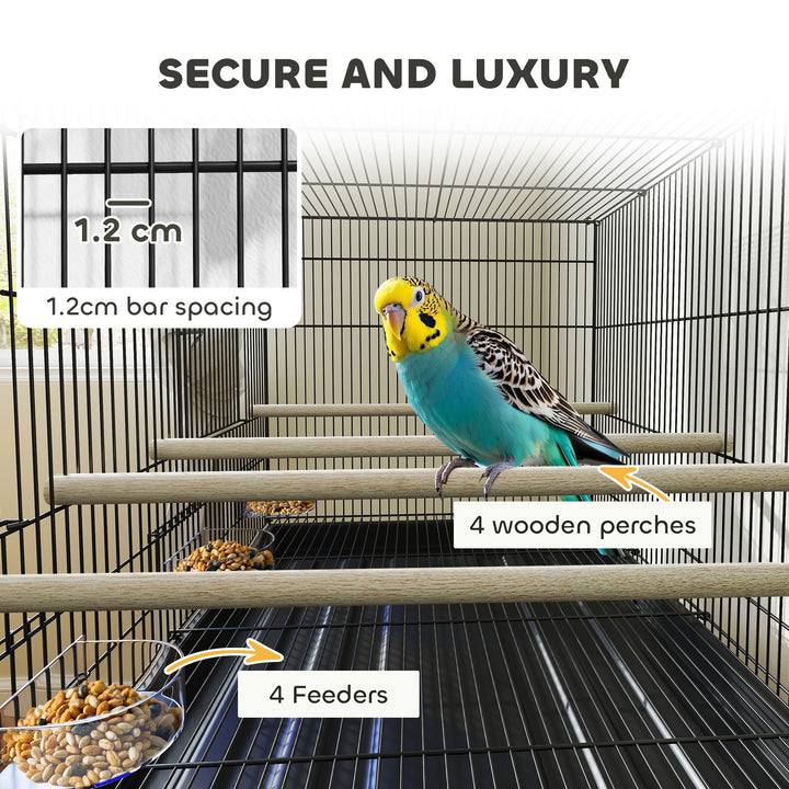 Bird Cage with Divider, 4 Wooden Perches, Slide Out Tray, 4 Feeders, for Budgie, Lovebird, Canary, 76 x 46 x 116cm Black