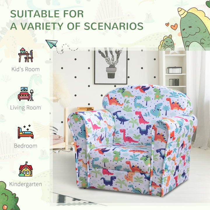 HOMCOM Children Armchair Kids Sofa Tub Chair Seat Cartoon Dinosaur Pattern Bedroom Flannel Wooden Frame Non-slip Playroom Seater | Aosom UK