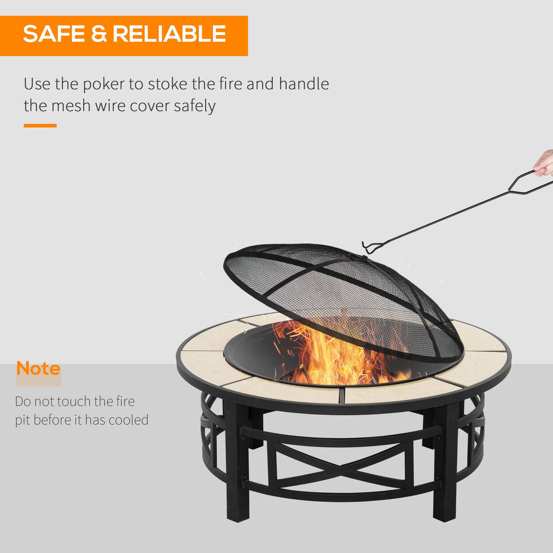 Outsunny Metal Large Fire Pit, Outdoor Firepit Bowl with Grill, Spark Screen Cover, Fire Poker for Garden, Bonfire, Patio, 84 x 84 x 52cm, Black