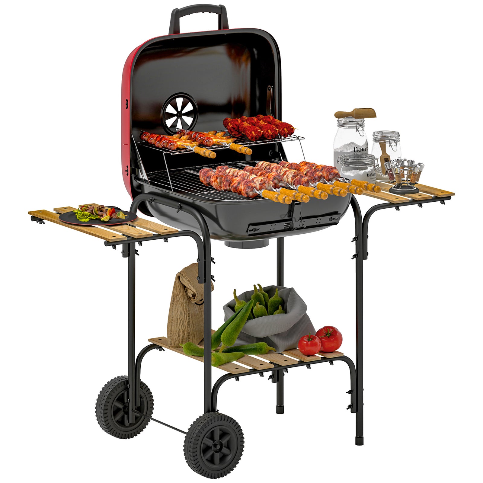 Charcoal Barbecue Grill Portable BBQ Grill with 1840 cm² Cooking Area, 3 Shelves, Adjustable Vent, Lockable Lid, Wheels for Outdoor Cooking, Garden Party, Red