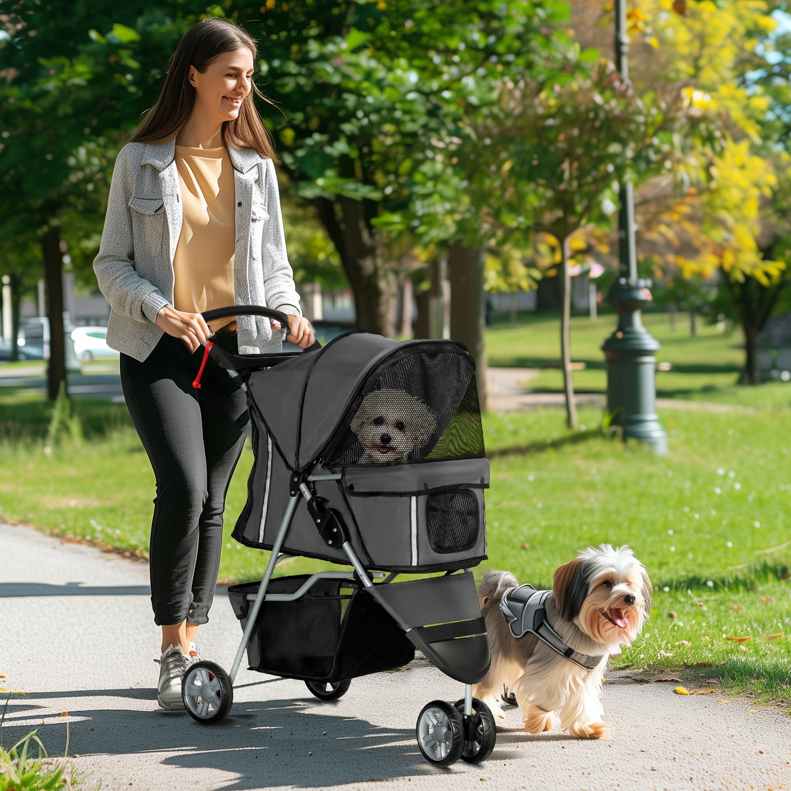 3 Wheel Pet Stroller for Small and Miniature Dogs, Charcoal Grey