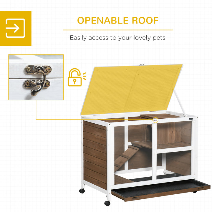 Wooden Rabbit Hutch, Bunny Cage w/ Tray, Ramp, Openable Roof, Wheels, 91.5 x 53.3 x 73cm - Brown