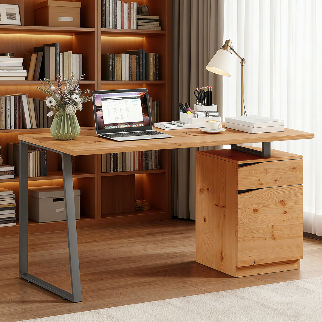 MCL Computer Desk, Writing Desk with Cabinet, Drawer, Metal Legs, Work Table for Home Office Study, Natural Wood Finish