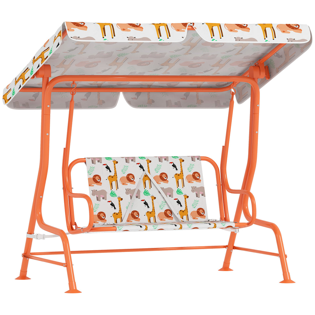 Kids Porch Swing, 2-Seater Patio Swing Bench Hammock with Seat Belts, Adjustable Canopy for Garden - Orange/White