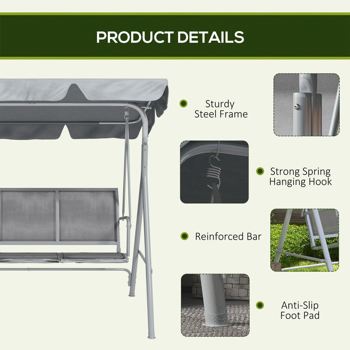 Metal Garden Swing Chair, 3-Seater Swing Seat, Patio Hammock Bench Canopy Lounger, Light Grey