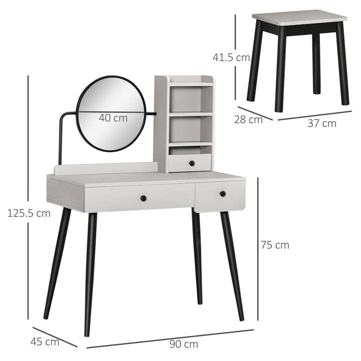 HOMCOM Dressing Table Set with Mirror and Stool, Vanity Makeup Table with 3 Drawers and Open Shelves for Bedroom, Living Room, Grey | Aosom UK