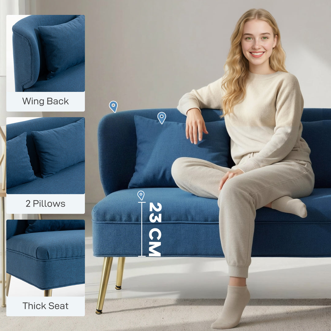 2 Seater Sofa, Linen-look Fabric Small Sofa with Wing Back, Thick Seat, Metal Legs