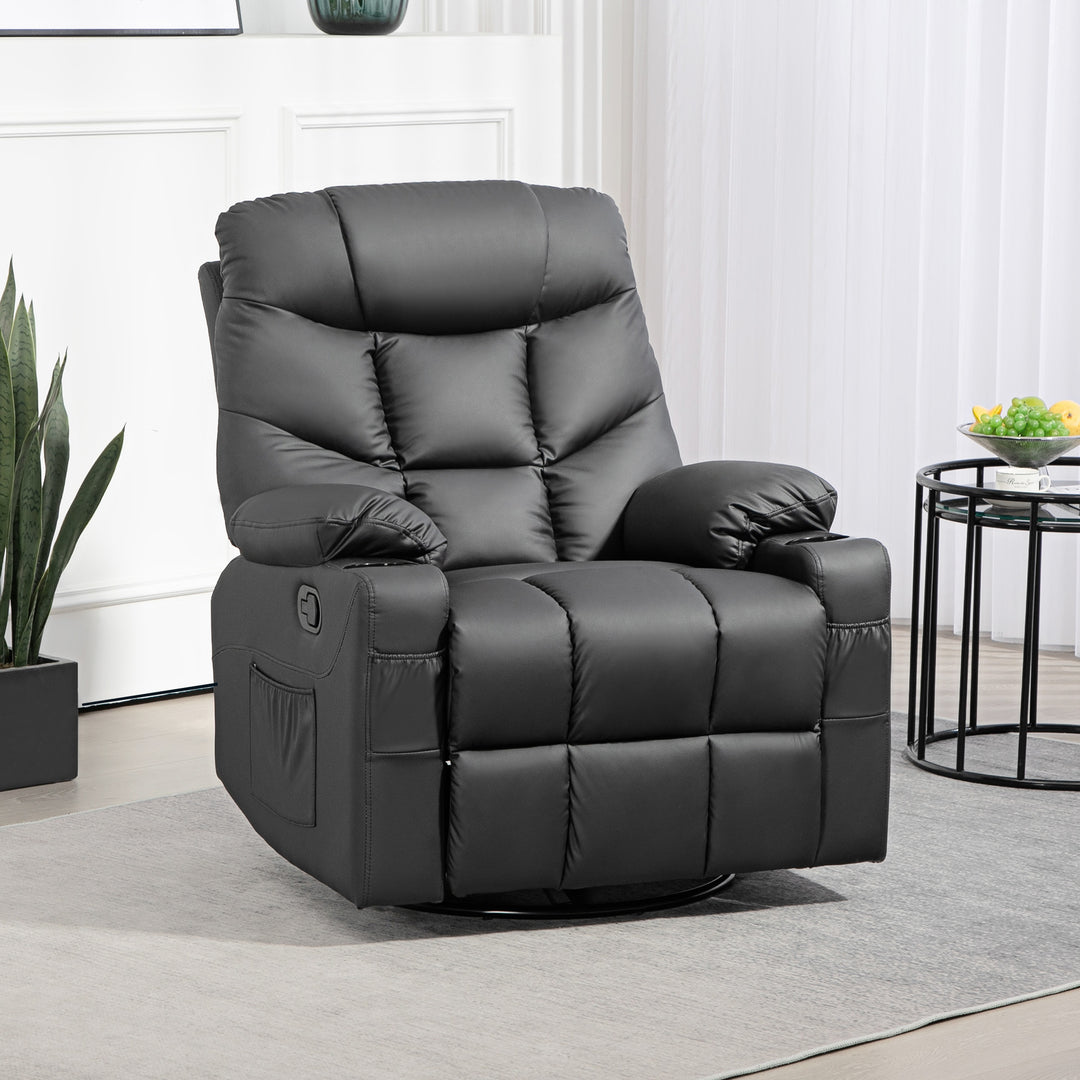 HOMCOM Manual Reclining Chair, Recliner Armchair with Swivel, Faux Leather, Footrest, Cup Holders, 86x93x102cm, Black