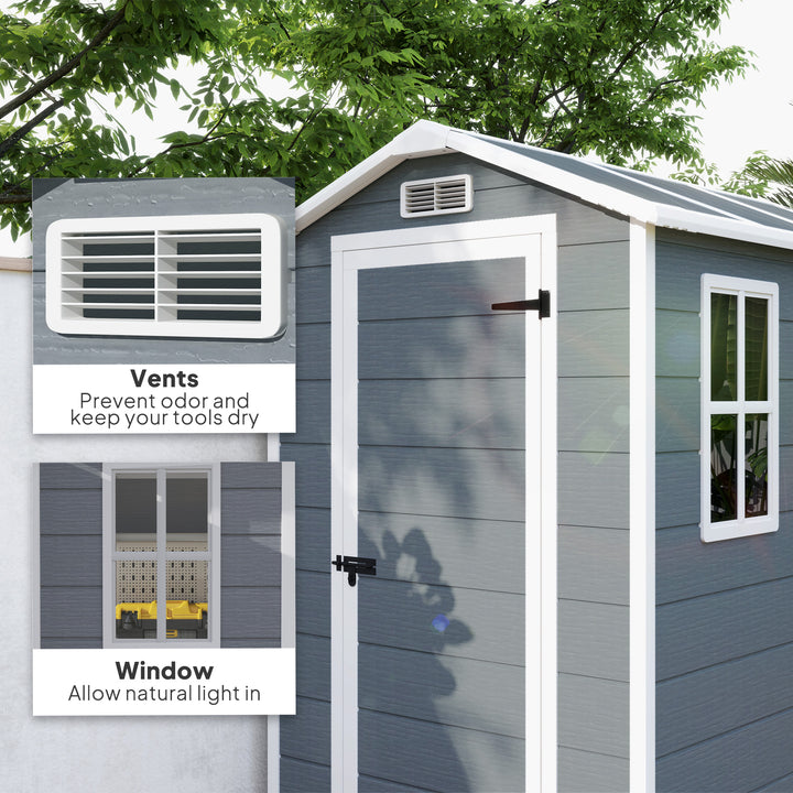 4 x 6ft Garden Shed, Plastic Shed with Floor, Window, Lockable Door and Vents, Resin Tool Shed for Outdoor Patio Storage, Zero Maintenance, Grey