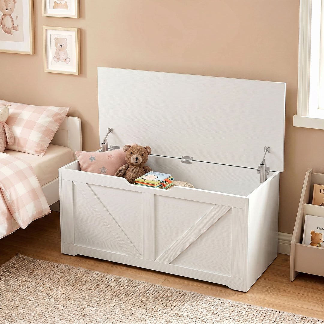 127L Home Storage Box, with Safety Hinges - White Wood-Effect