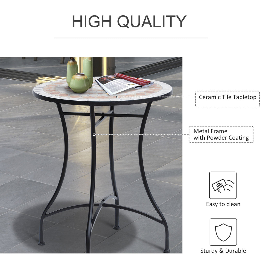 60 cm Mosaic Garden Table, Small Round Outdoor Side Table with Ceramic Top, Plant Stand for Patio, Balcony, Orange and White
