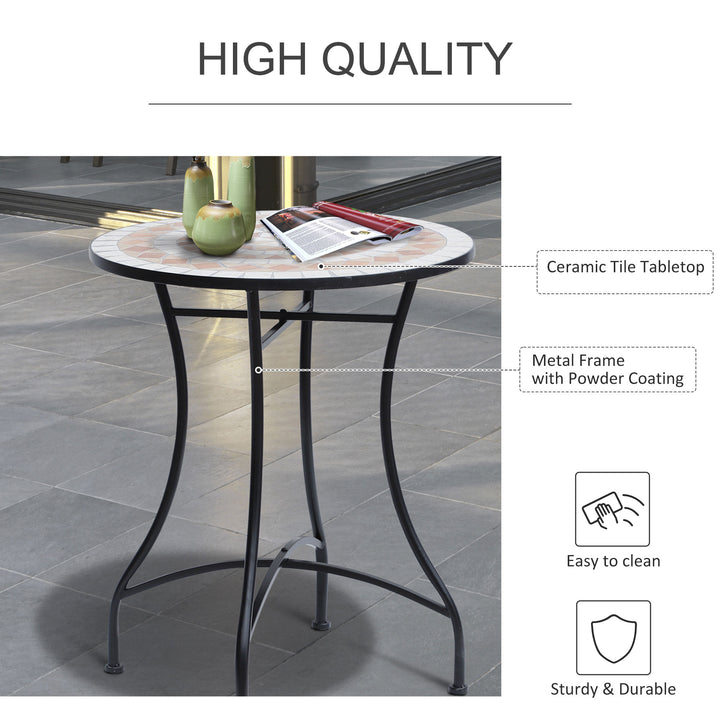 60 cm Mosaic Garden Table, Small Round Outdoor Side Table with Ceramic Top, Plant Stand for Patio, Balcony, Orange and White