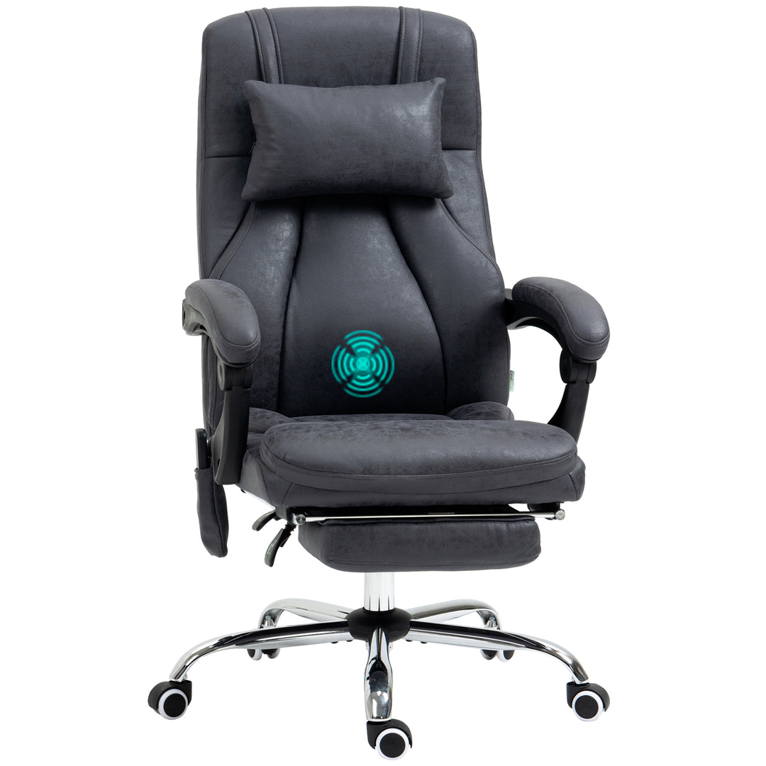 Office Chair with Lumbar Massage, 135° Reclining Computer Chair with Adjustable Headrest, Retractable Footrest, 10cm Double Padded Seat, Microfiber Fabric, Metal Base, Dark Grey