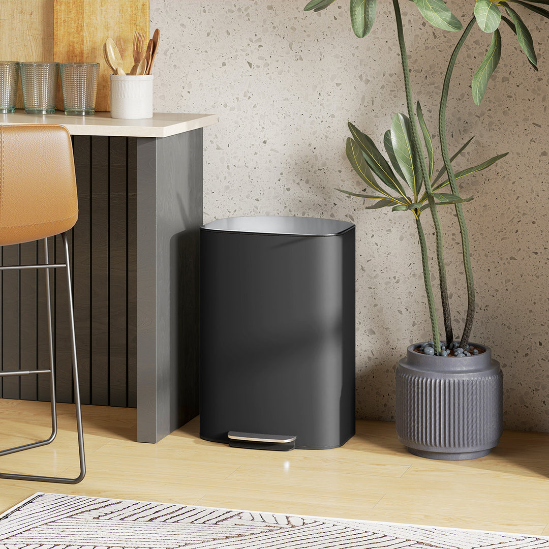 MCL 50L Kitchen Bin with Soft-Close Lid and Stay-Open Function, Stainless Steel Pedal Bin with Removable Inner Bucket, Carry Handle for Kitchen, Office, Home, Black