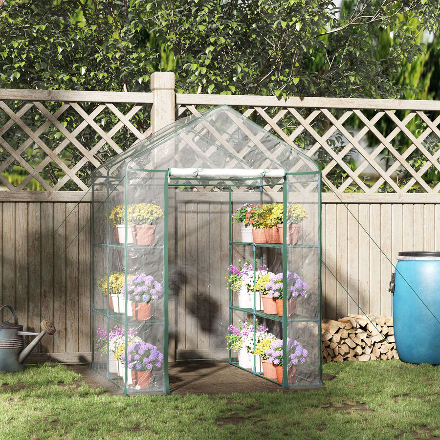 Walk in Greenhouse with 3-Tier 8 Shelves, Green House with Hemmed Cover, Roll-up Zipped Door, Steel Frame, 143 x 143 x 195cm