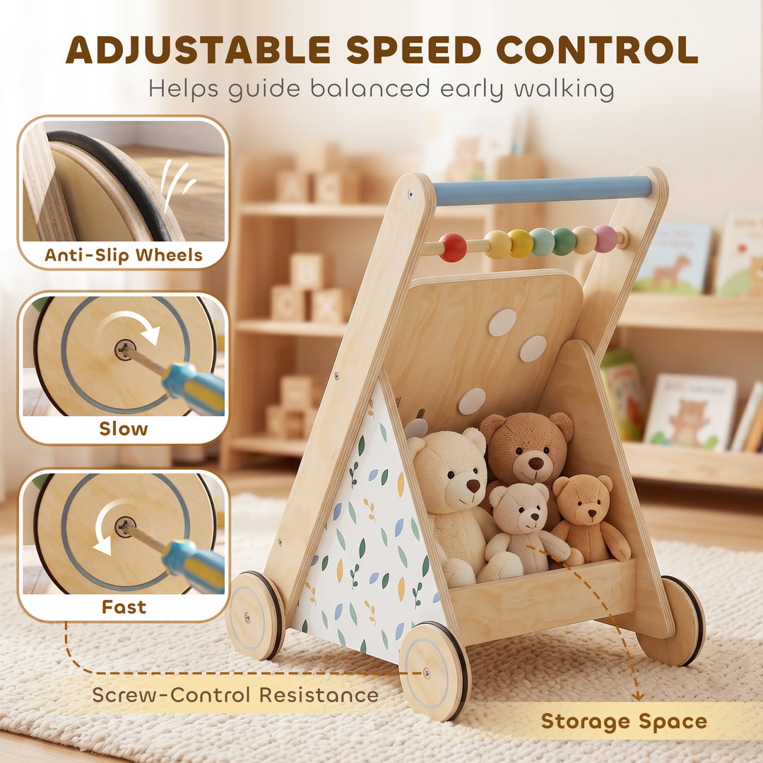 Wooden Baby Walker, Toddler Push Along Walker with Speed Control, Acti
