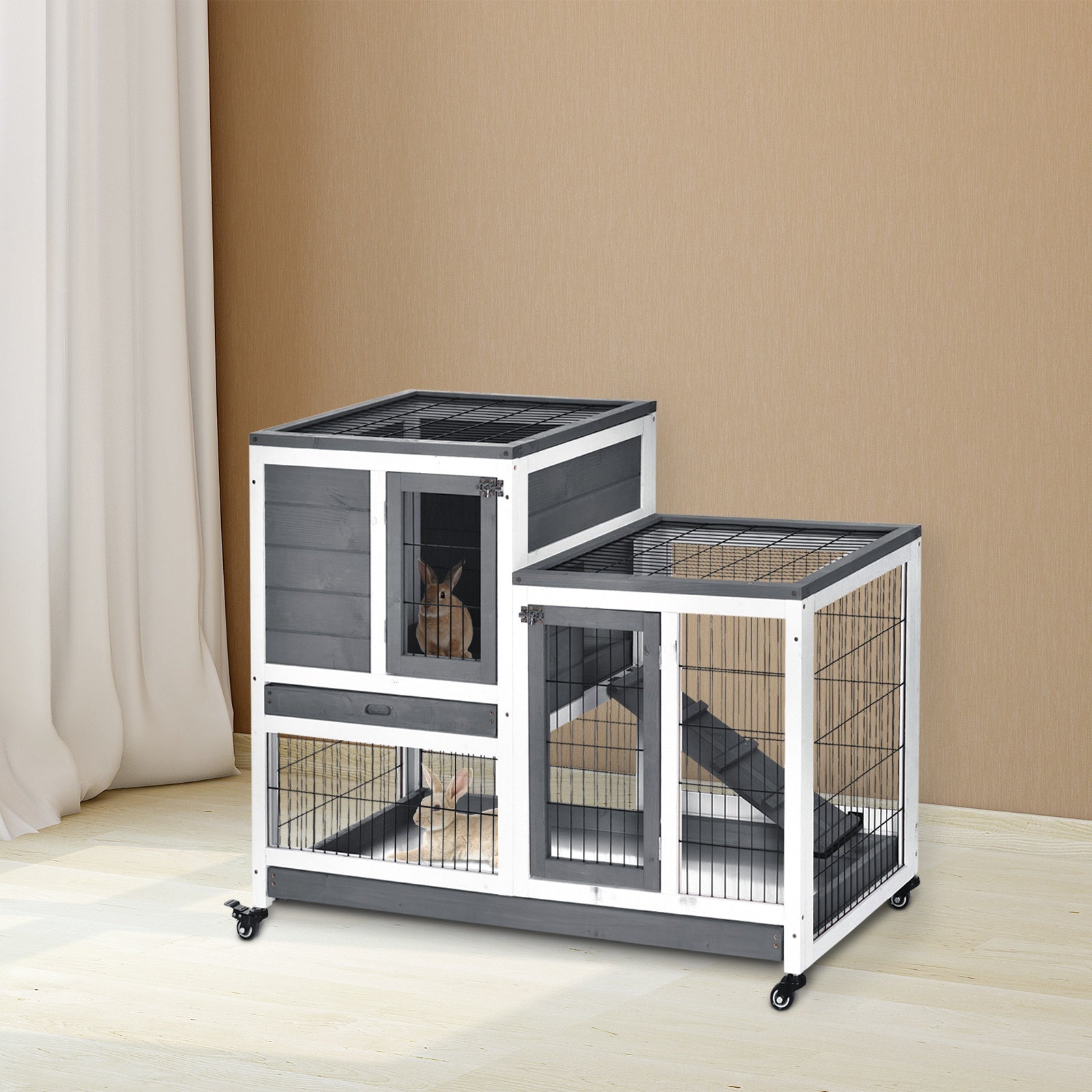 Small Animals 2-TierFir Wood Guinea Pigs Hutches Indoor Hutch Grey