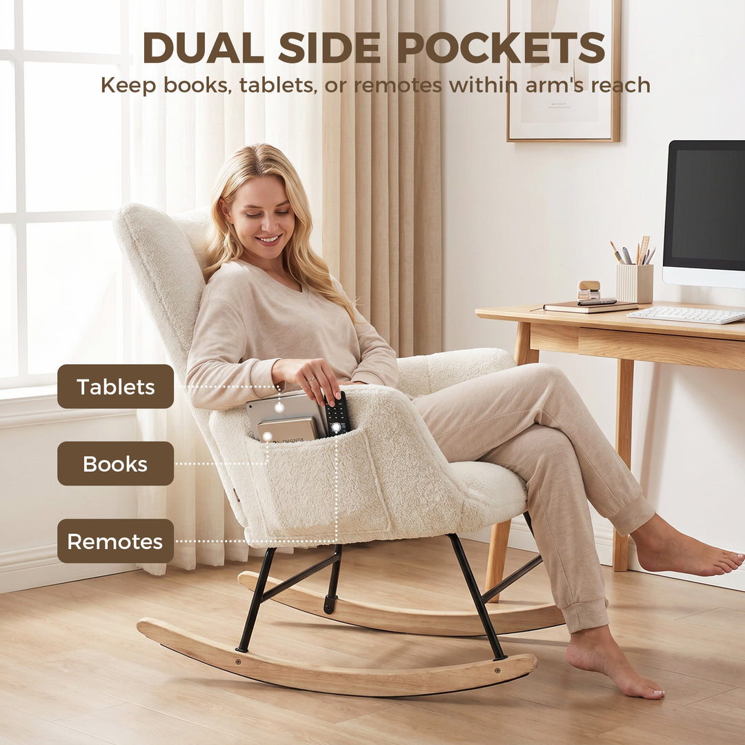 Rocking Chair, Teddy Fleece Rocker Chair with Tufted Wingback, Side Po