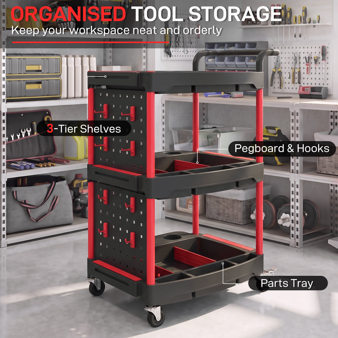 3-Tier Rolling Tool Cart with Pegboard and Hooks, Storage Trolley - view 4