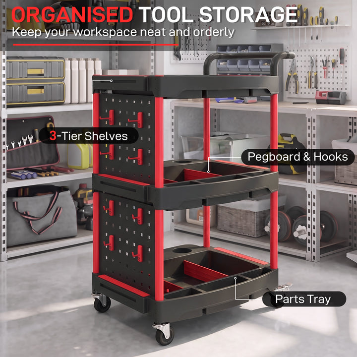 3-Tier Rolling Tool Cart with Pegboard and Hooks, Storage Trolley - view 4