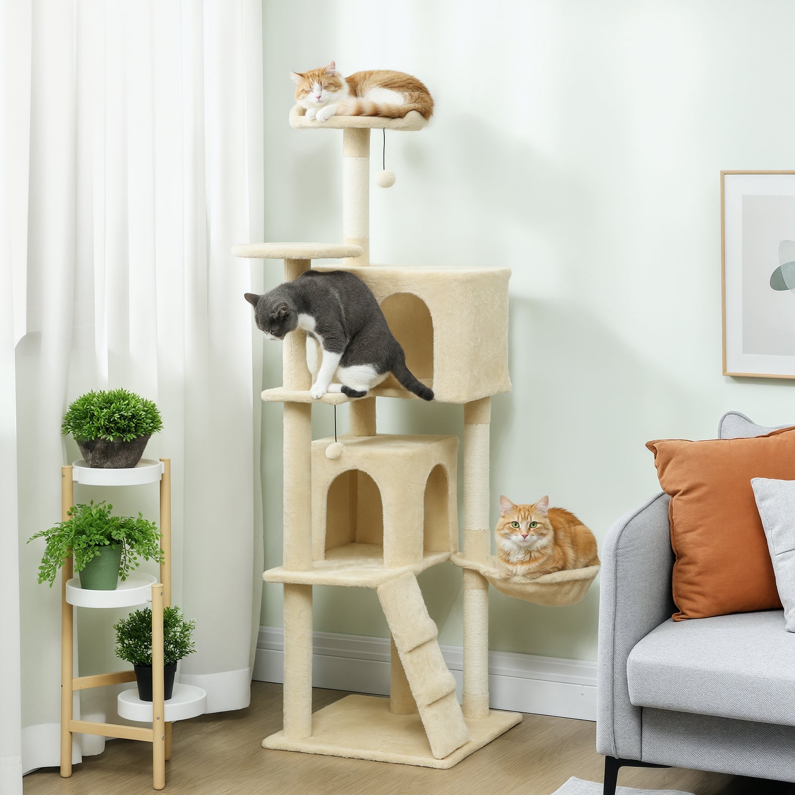 160cm Large Cat Tree Tower with Sisal Scratching Posts, Condos, Plush 