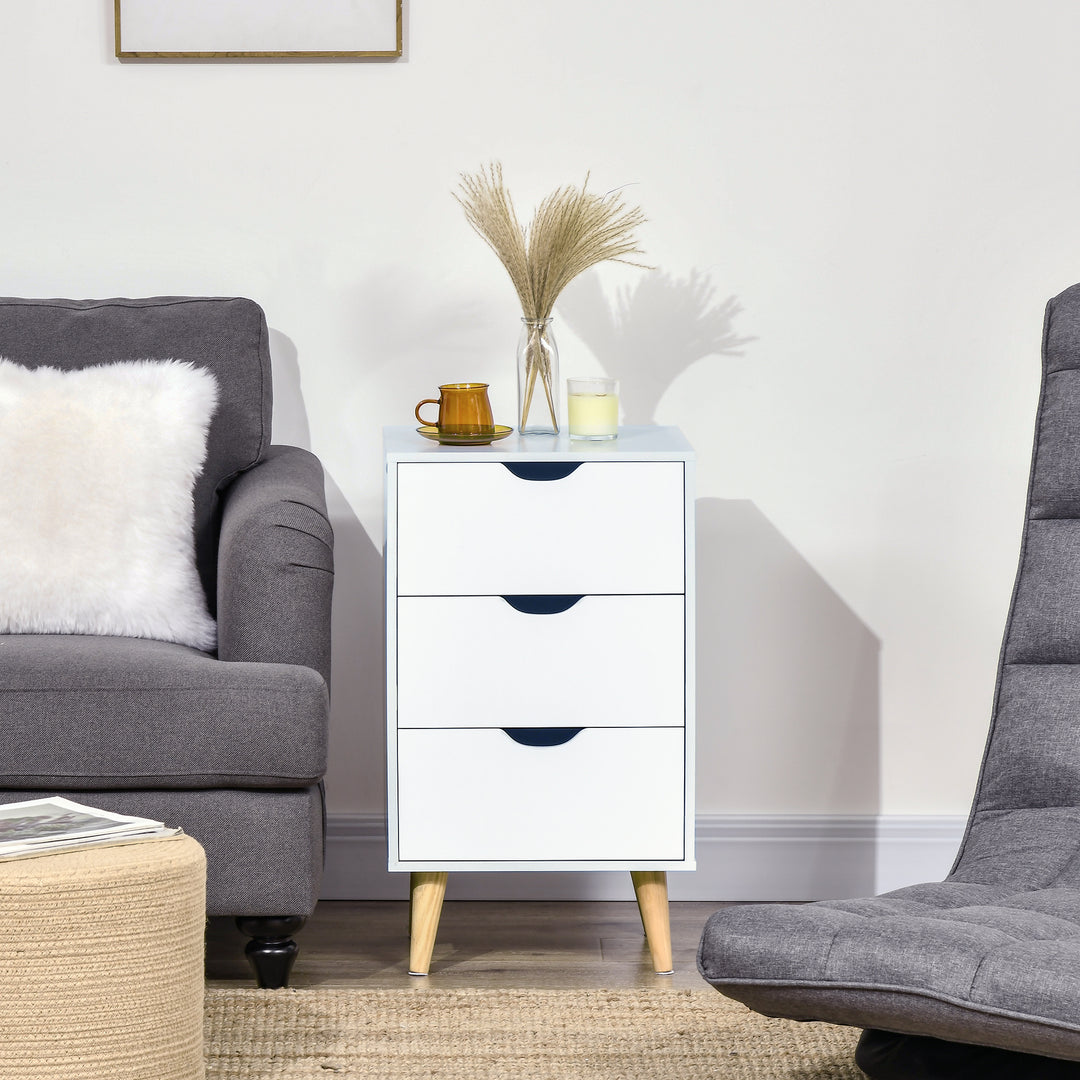 Bedside Table, Bedside Cabinet with 3 Drawers, Small Side Table with Wood Legs and Cut-out Handles for Bedroom, Cream White