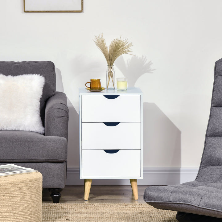 Bedside Table, Bedside Cabinet with 3 Drawers, Small Side Table with Wood Legs and Cut-out Handles for Bedroom, Cream White