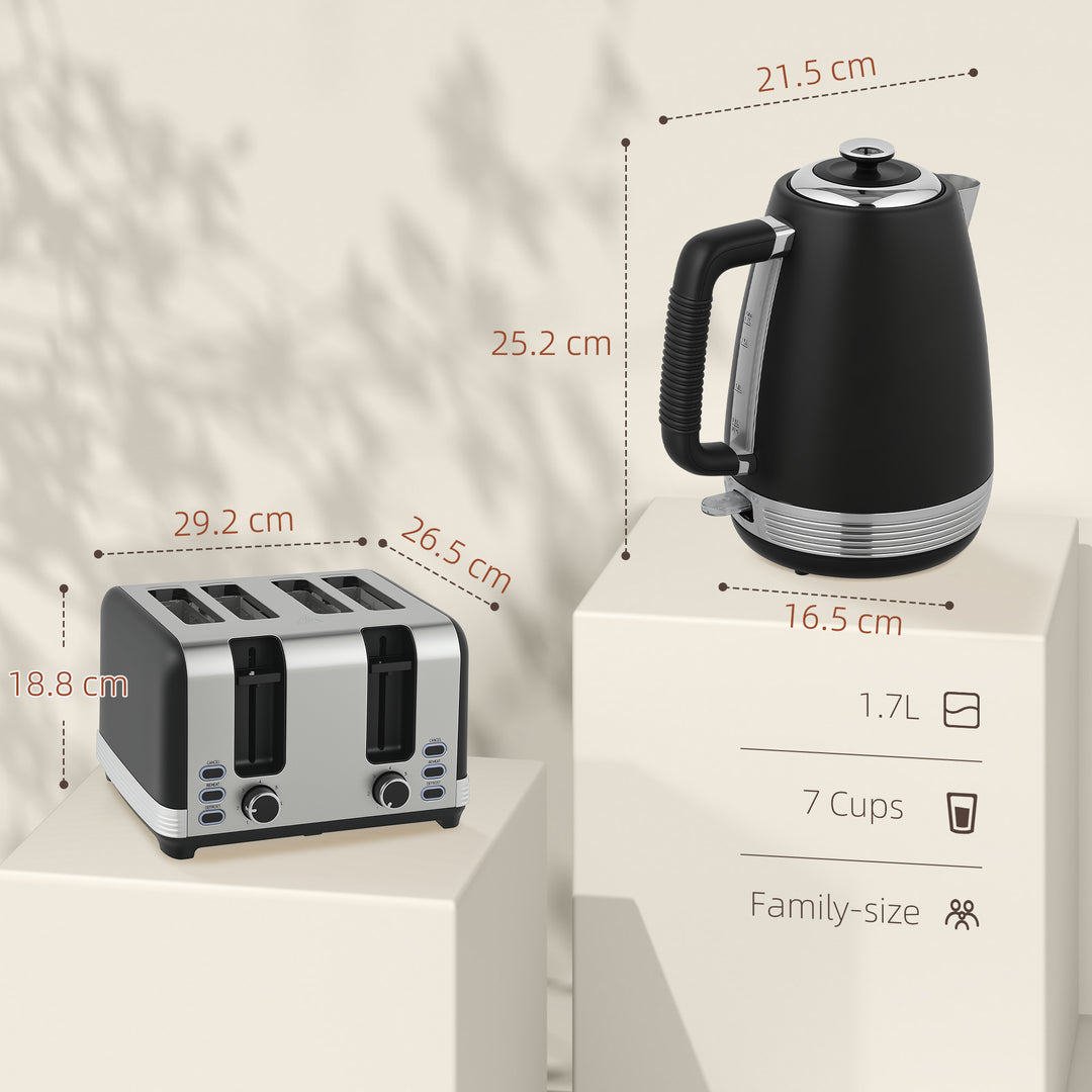 Stainless Steel Kettle and Toaster Set, 1.7L 3000W Rapid Boil Jug Kettle with UK Strix Thermostat, Limescale Filter, 4 Slice Toaster with 7 Browning Controls, Crumb Tray, Black and Silver Tone