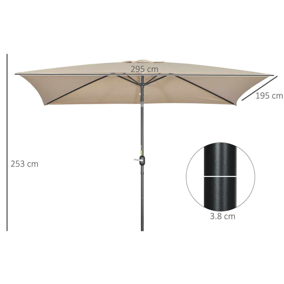 3x2m Patio Parasol Garden Umbrellas Canopy with Aluminium Tilt Crank Rectangular Sun Shade Steel, Khaki