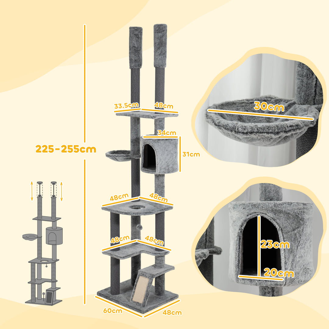 225-255cm Floor to Ceiling Cat Tree, Large Cat Tower w/ Cat Scratching Posts, Ramp, Cat House