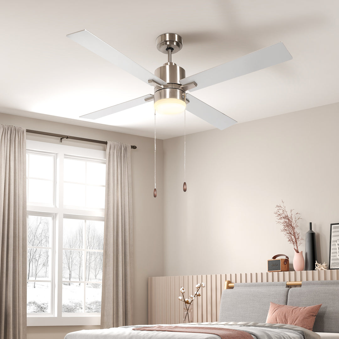 HOMCOM Ceiling Fan with LED Light, Flush Mount Ceiling Fan Lights with Reversible Blades, Pull-chain, Silver and Natural Tone | Aosom UK