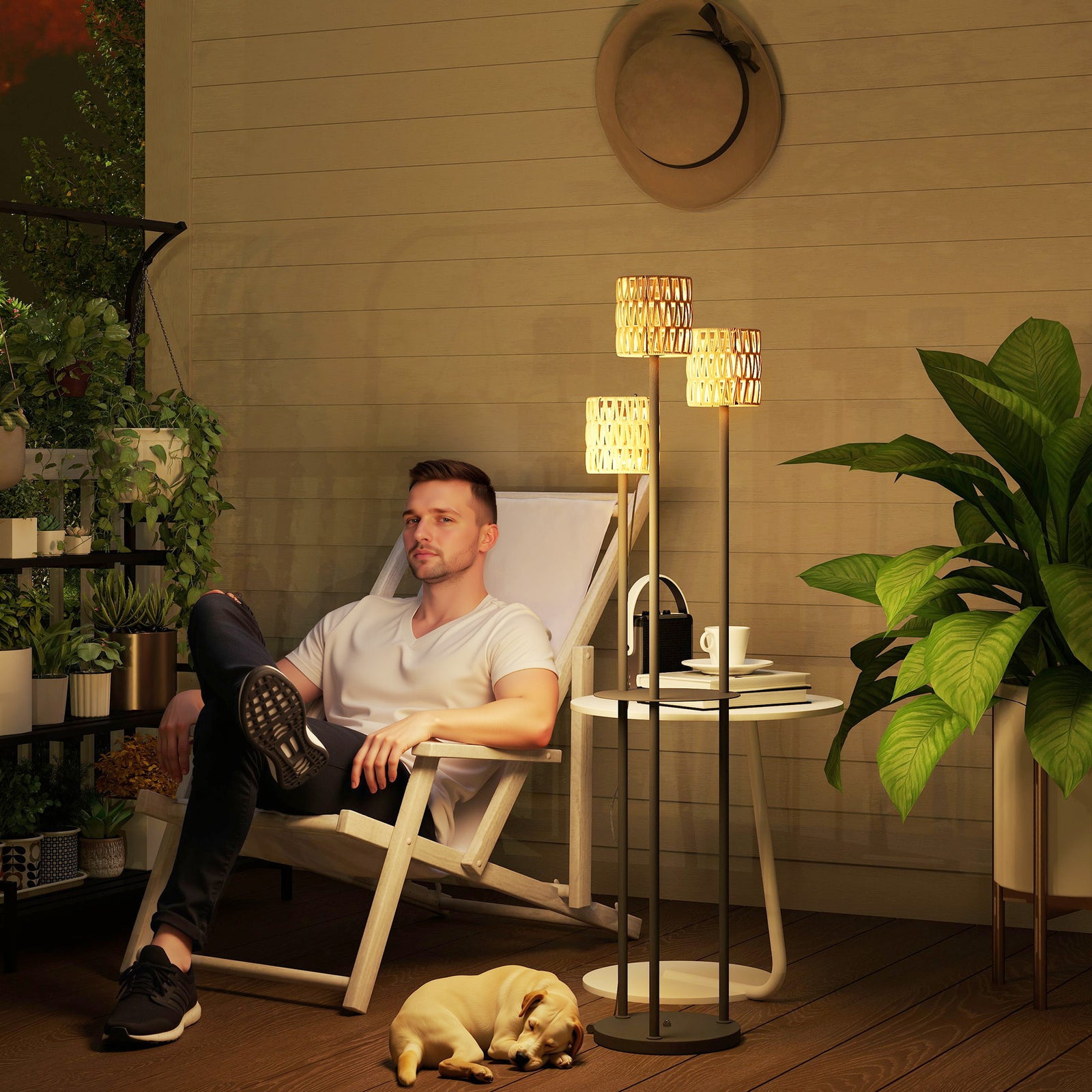 Boho Rattan Floor Lamp, 3-Lights Rattan Lamp with Shelf, Freestanding Solar Garden Light with Auto On/Off Lights, IP44 Waterproof for Porch, Pathway, Deck, Yellow