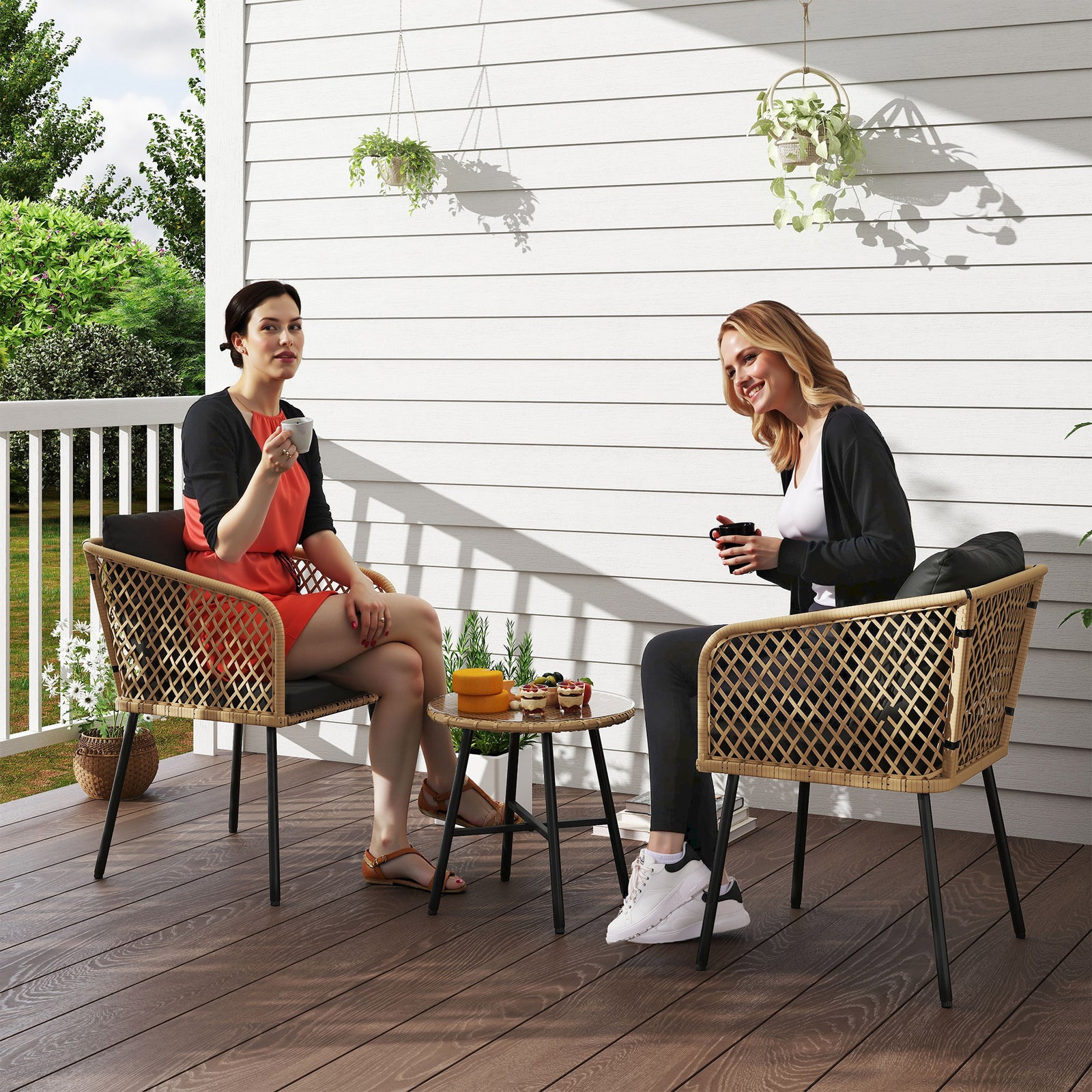 Three-Piece Cut-Out Rattan Chair and Table Set - Brown/Black