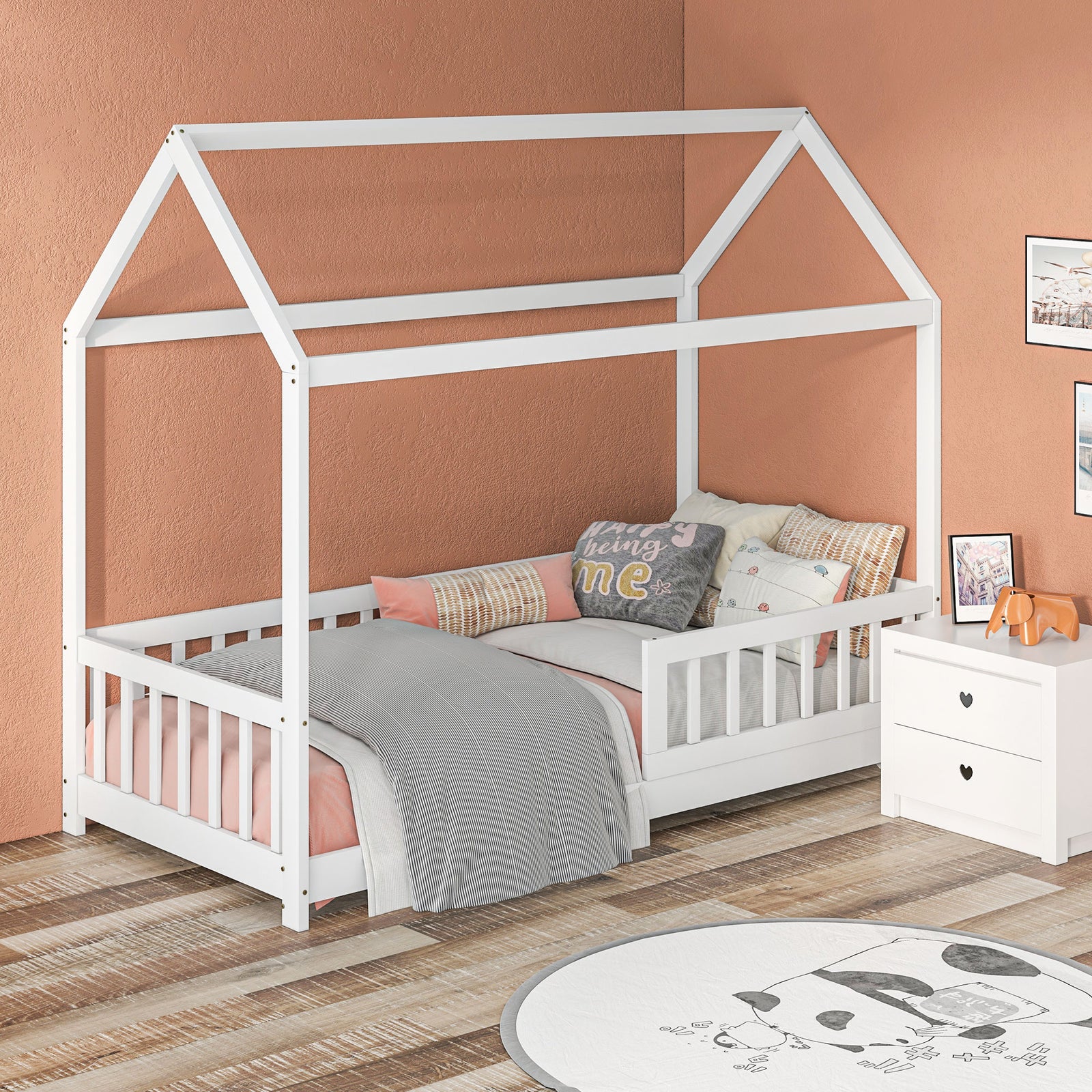 House-Shaped Kids Bed Frame with Guard Rails, Solid Pine Wood Single B