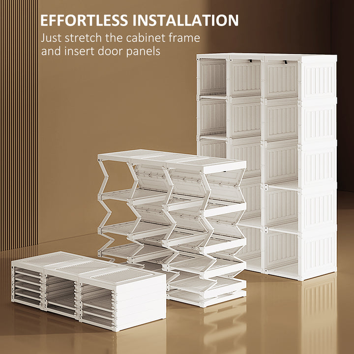 Portable Clothes Wardrobe for Bedroom, Foldable Clothes Organiser with Cube Storage, Hanging Rods, Magnet Doors, White